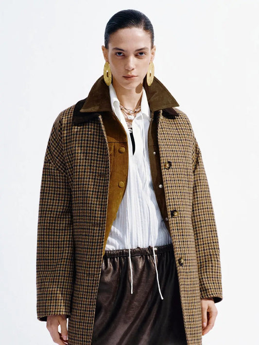 Loose Fit Contrast Collar Belted Plaid Check Mid Length Coat