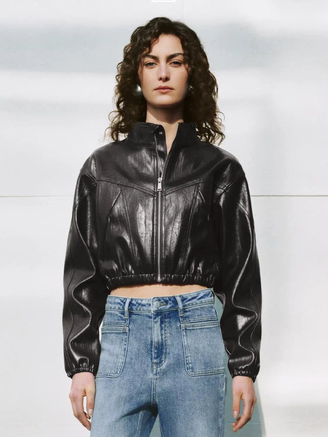 Zip Front Elasticated Hem Cropped Long Sleeve Jacket