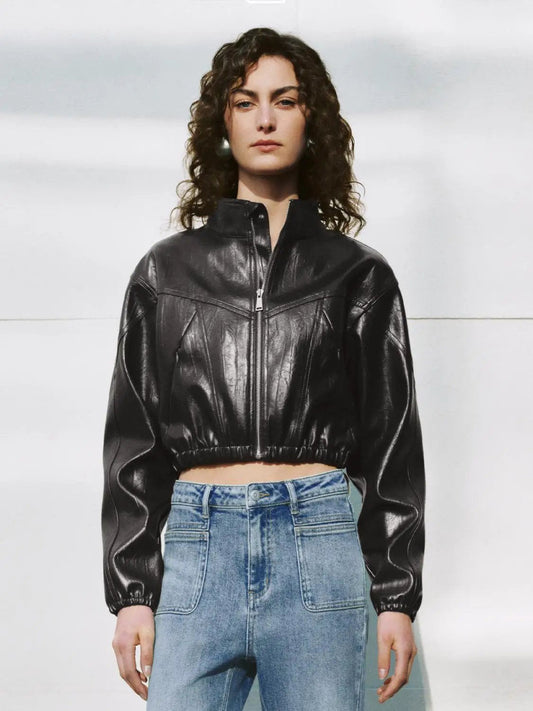 Zip Front Elasticated Hem Cropped Long Sleeve Jacket