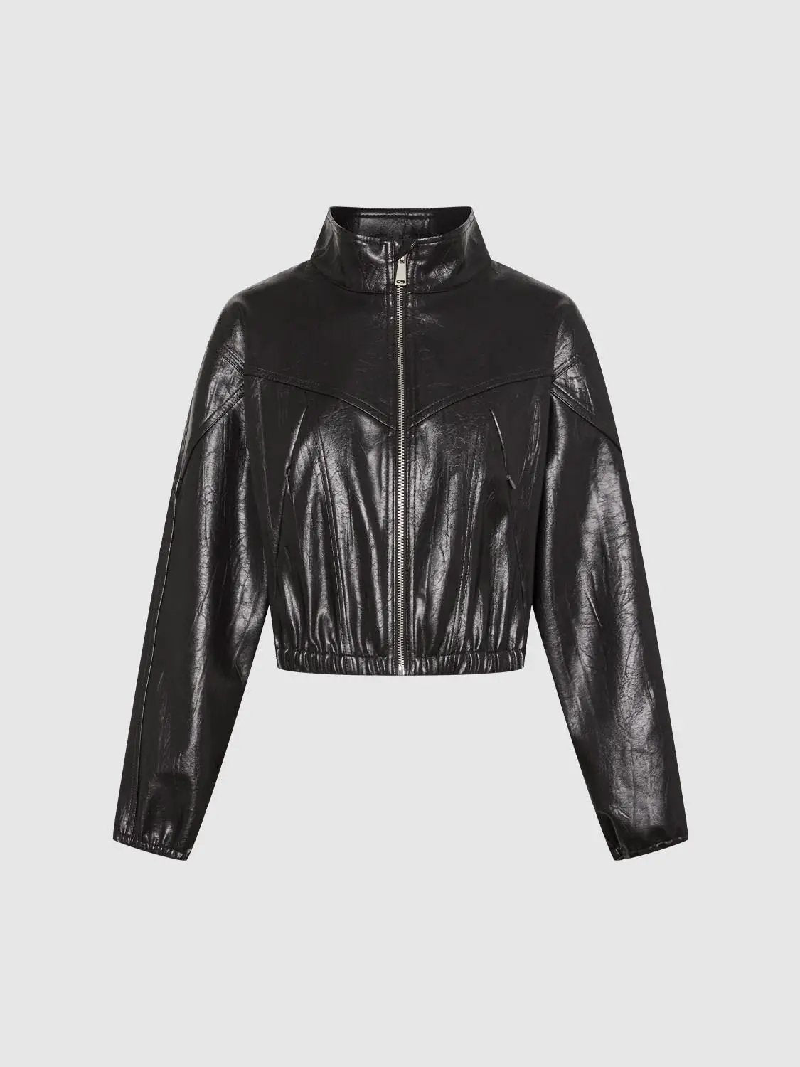 Zip Front Elasticated Hem Cropped Long Sleeve Jacket