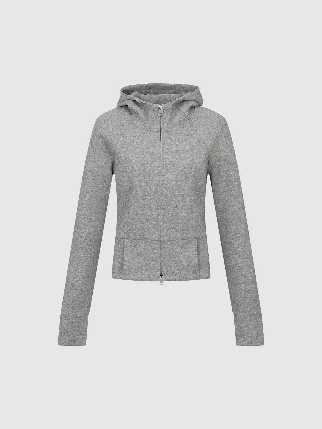Heather Grey Fitted Zip Front Cotton Blend Hooded Jacket