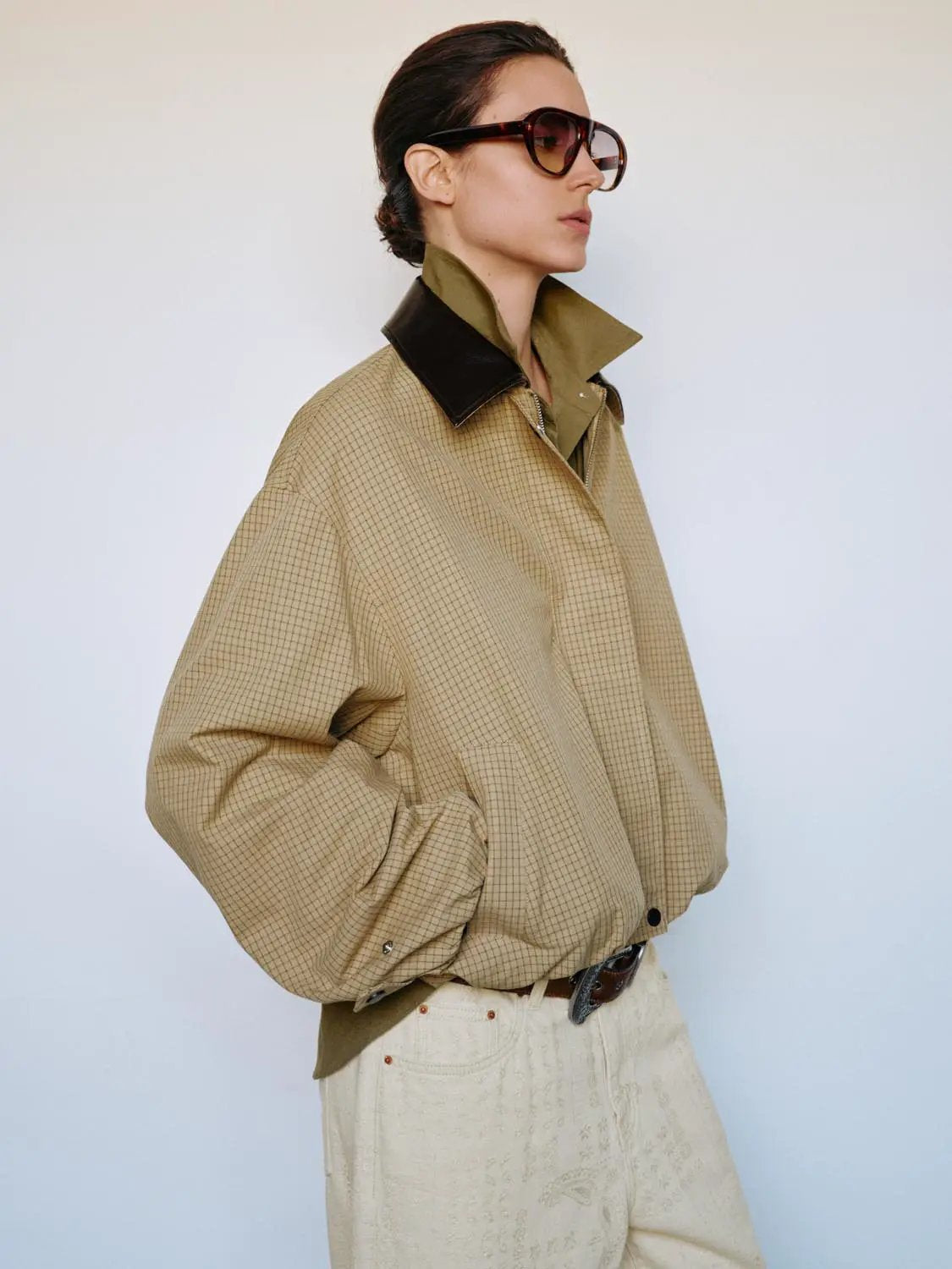 Button Front Checked Long Sleeve Cotton Blend Jacket