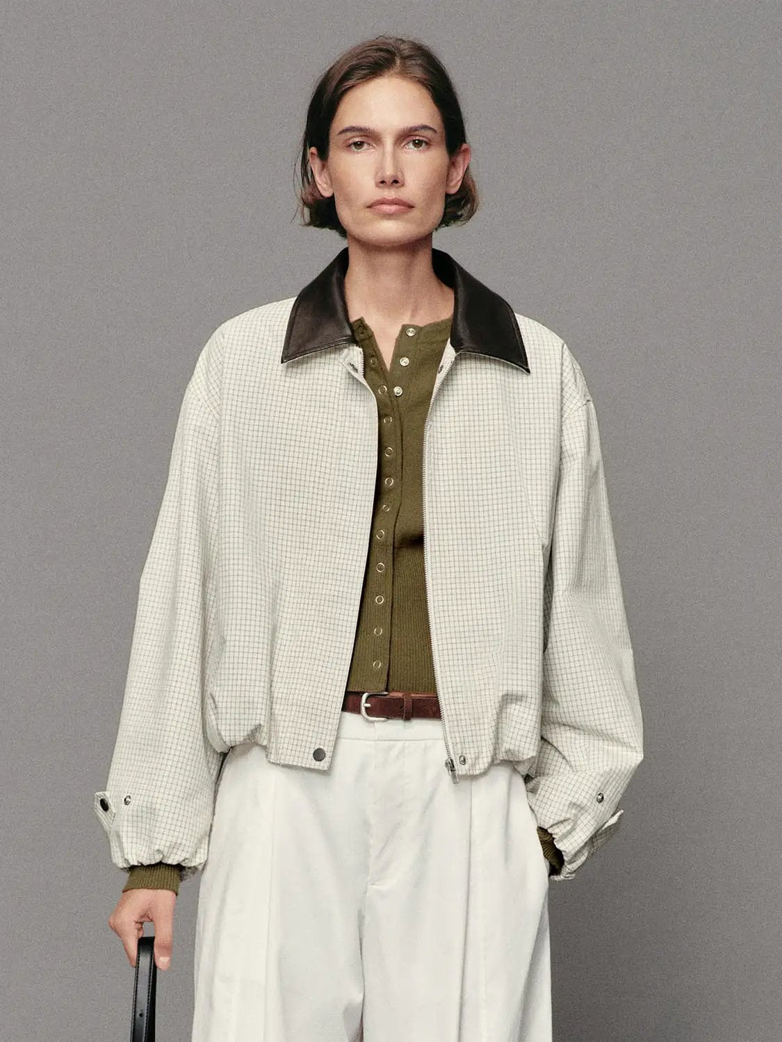 Button Front Checked Long Sleeve Cotton Blend Jacket
