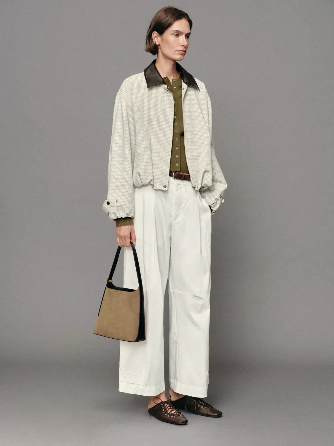 Button Front Checked Long Sleeve Cotton Blend Jacket