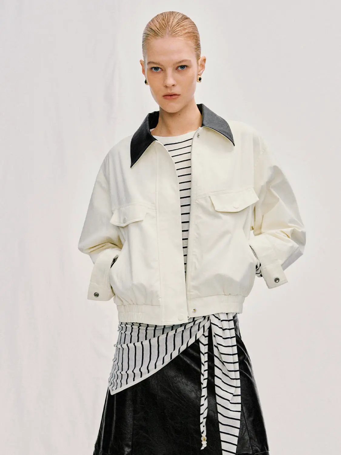 Contrast Collar Zip Front Long Sleeve Cotton Jacket