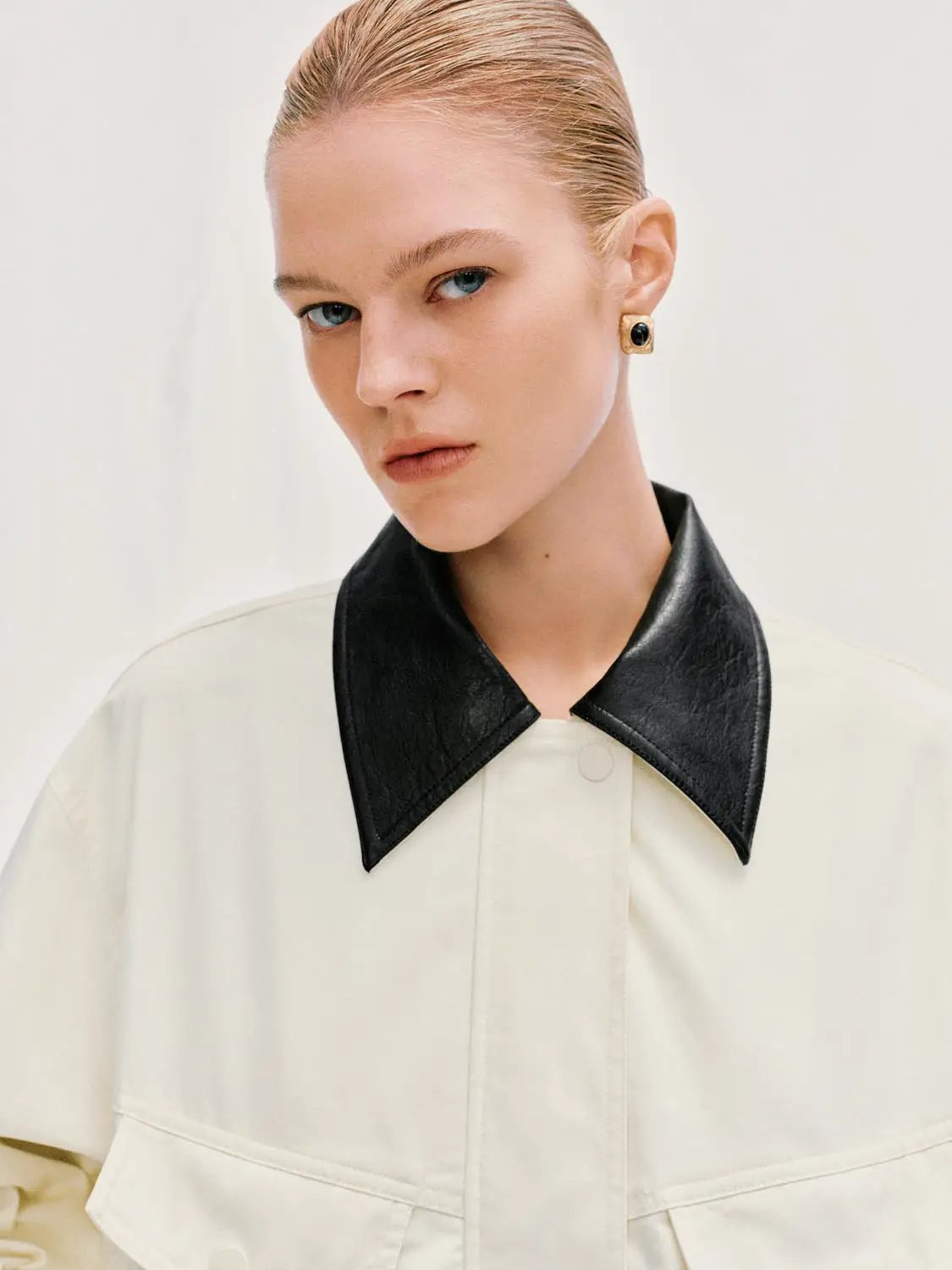 Contrast Collar Zip Front Long Sleeve Cotton Jacket