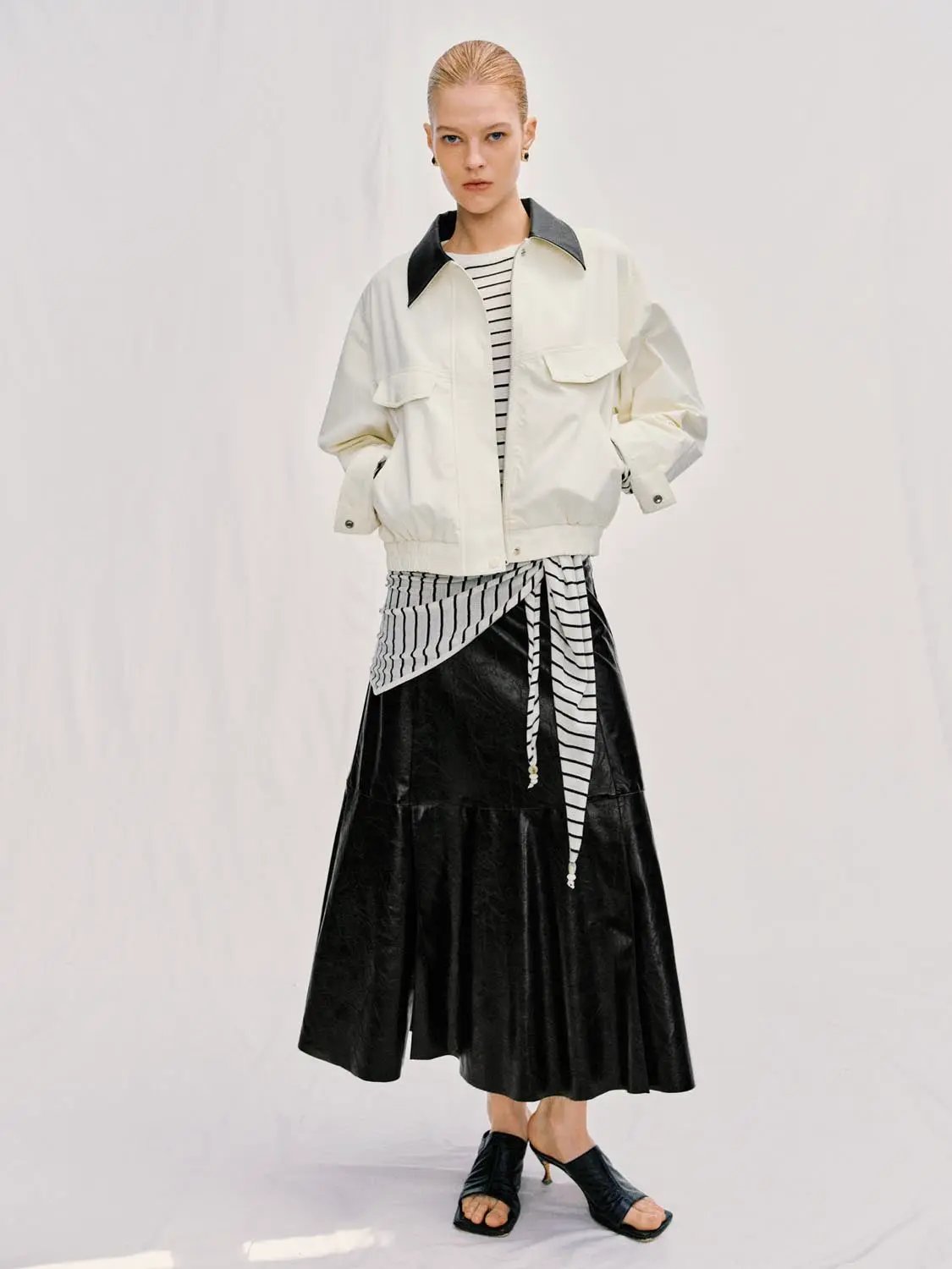 Contrast Collar Zip Front Long Sleeve Cotton Jacket