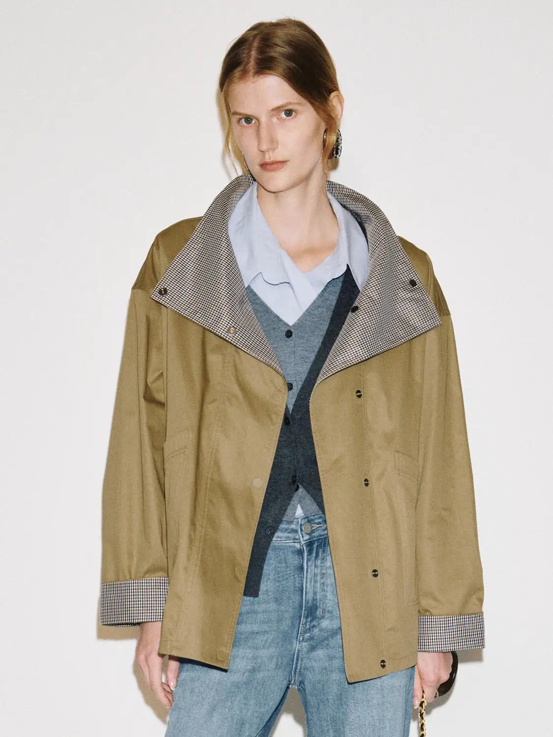 Checked Lapel Long Sleeve Relaxed Camel Jacket