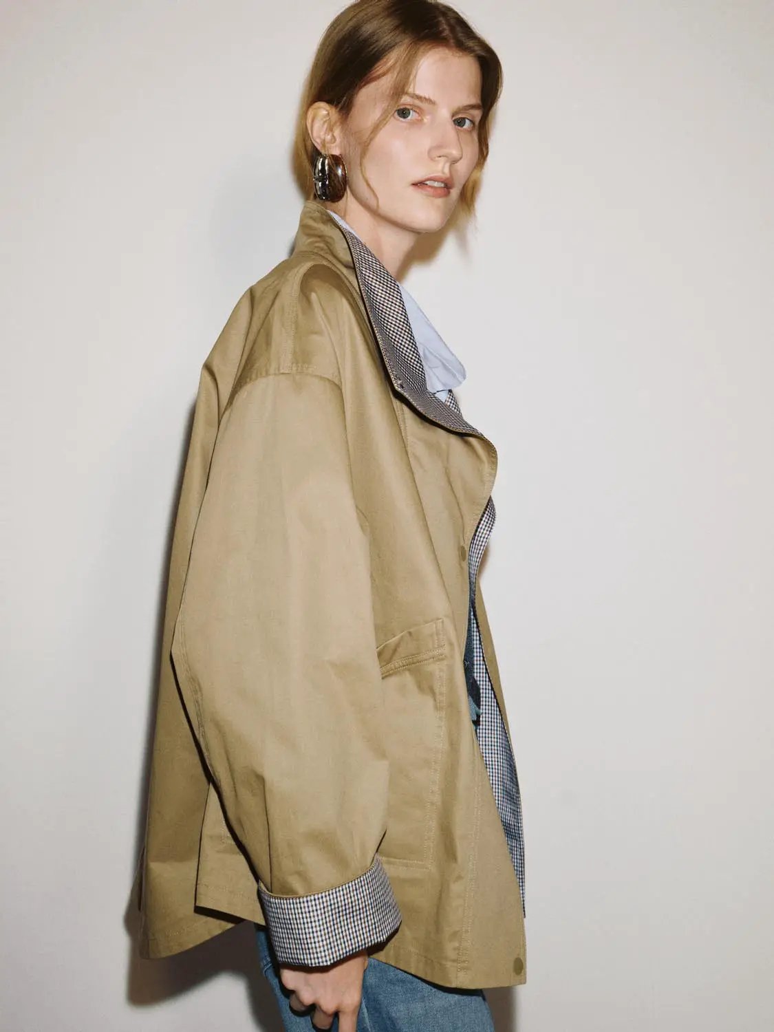 Checked Lapel Long Sleeve Relaxed Camel Jacket