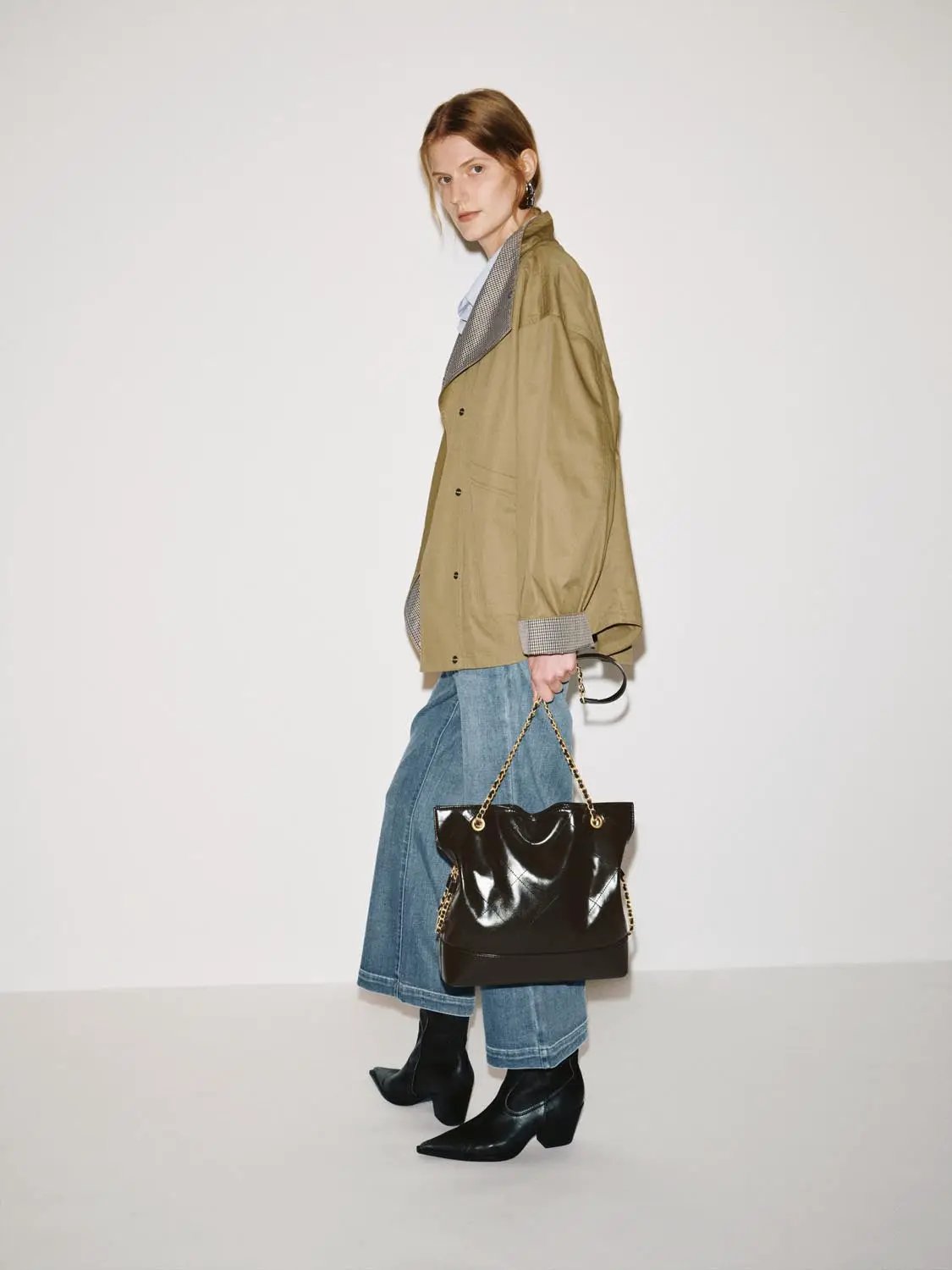 Checked Lapel Long Sleeve Relaxed Camel Jacket
