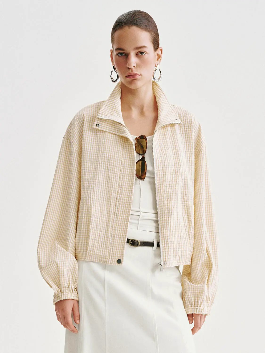 Gingham Cropped Puff Sleeve Lightweight Jacket
