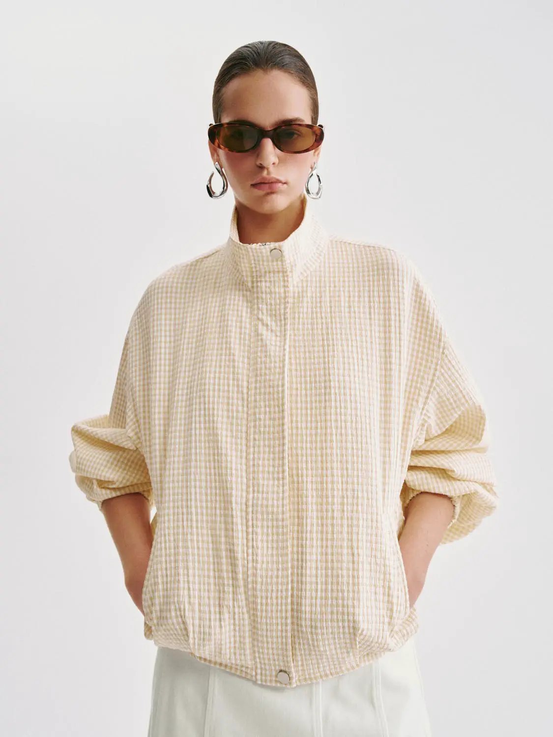 Gingham Cropped Puff Sleeve Lightweight Jacket