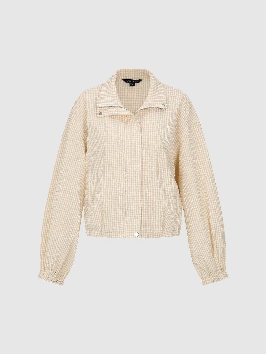 Gingham Cropped Puff Sleeve Lightweight Jacket
