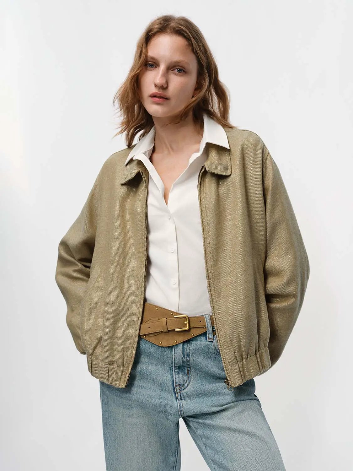 Textured Drop Shoulder Shirt Collar Long Sleeve Zip Front Jacket