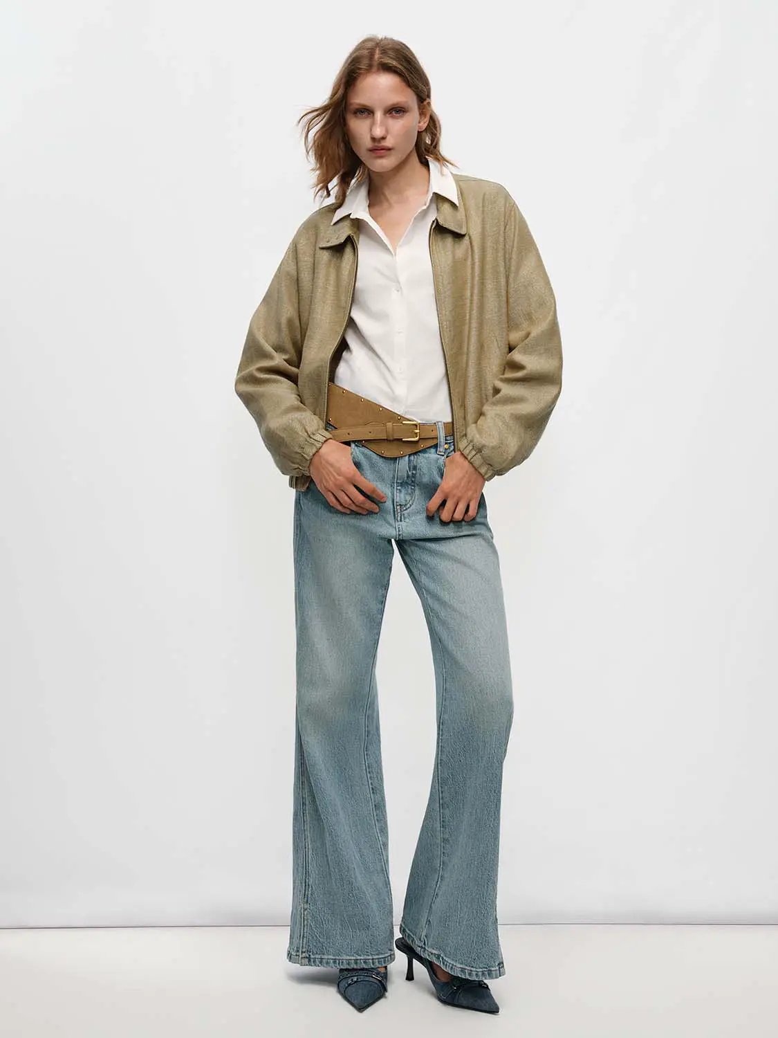 Textured Drop Shoulder Shirt Collar Long Sleeve Zip Front Jacket