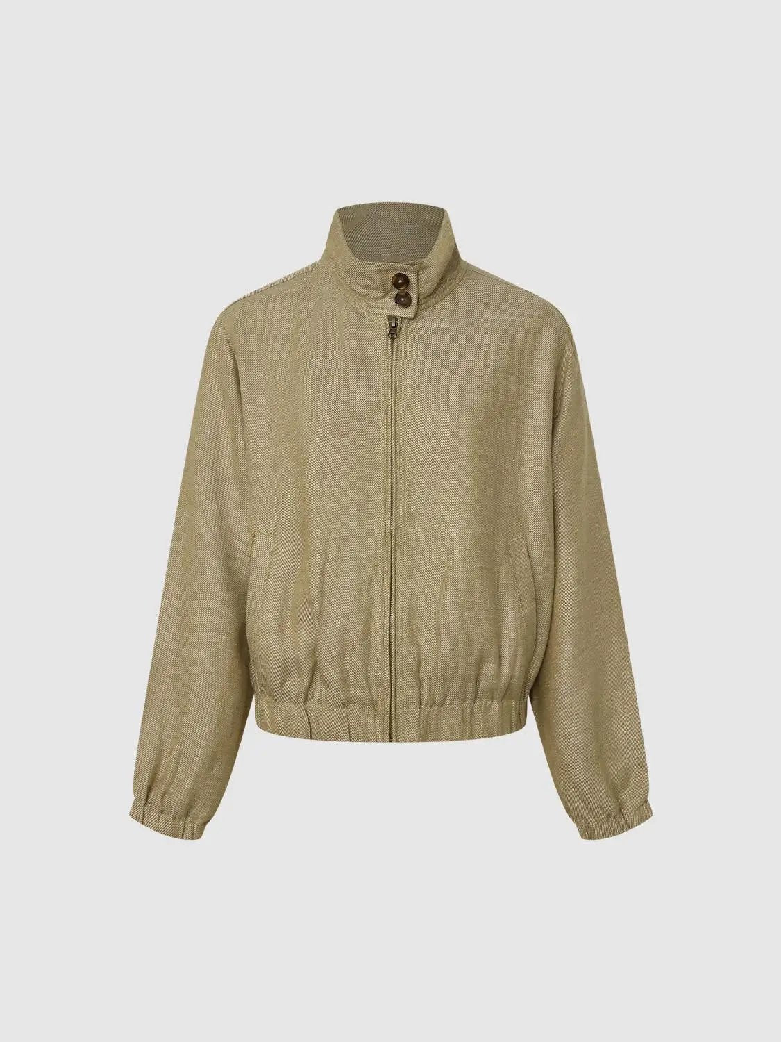 Textured Drop Shoulder Shirt Collar Long Sleeve Zip Front Jacket