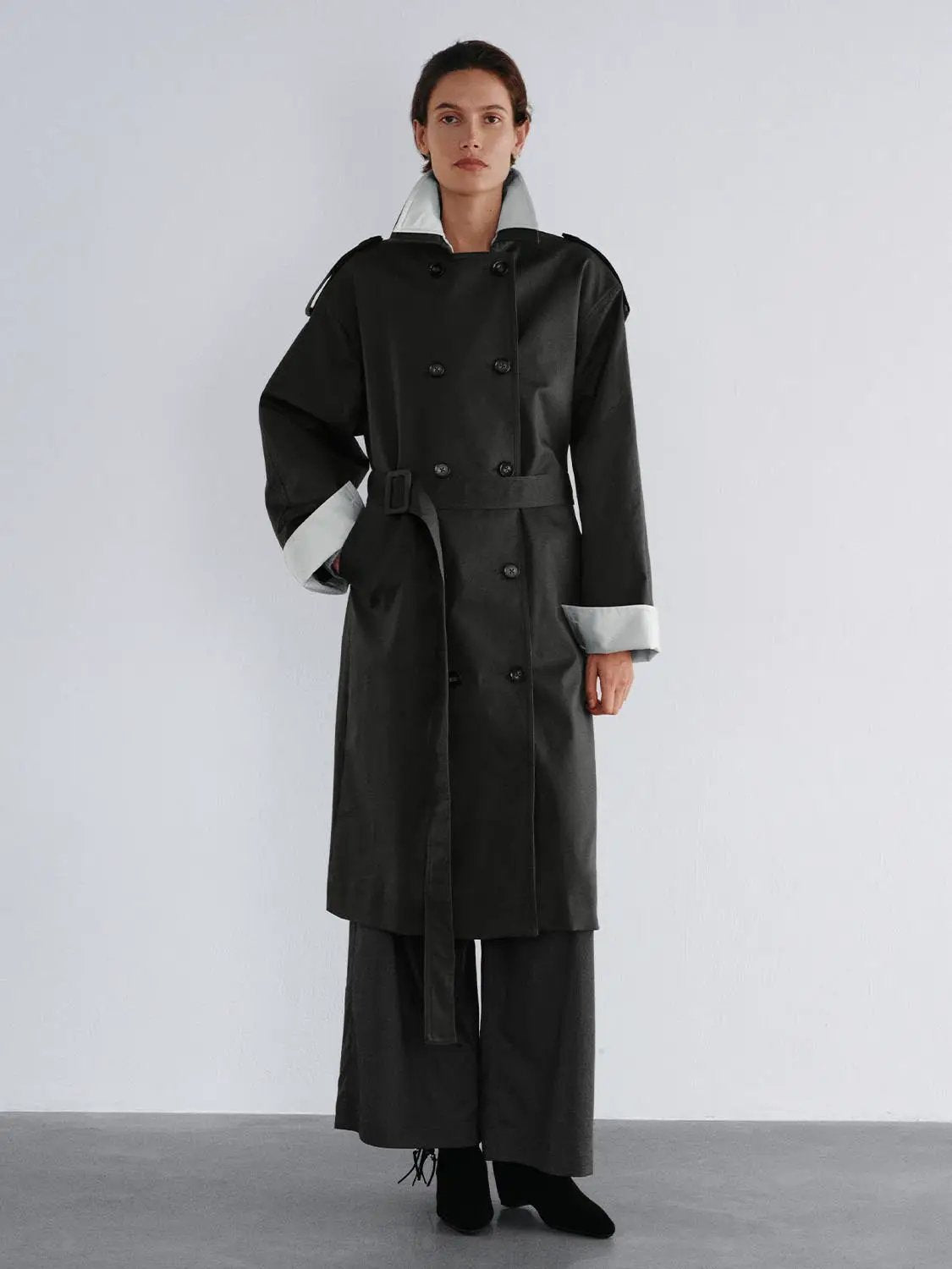 Double-Breasted Long Sleeve Belted Cotton Trench Coat