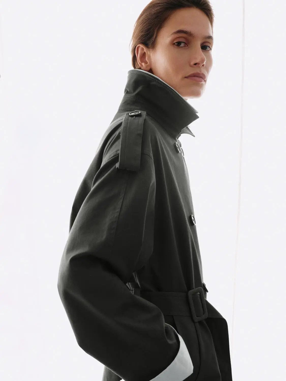 Double-Breasted Long Sleeve Belted Cotton Trench Coat