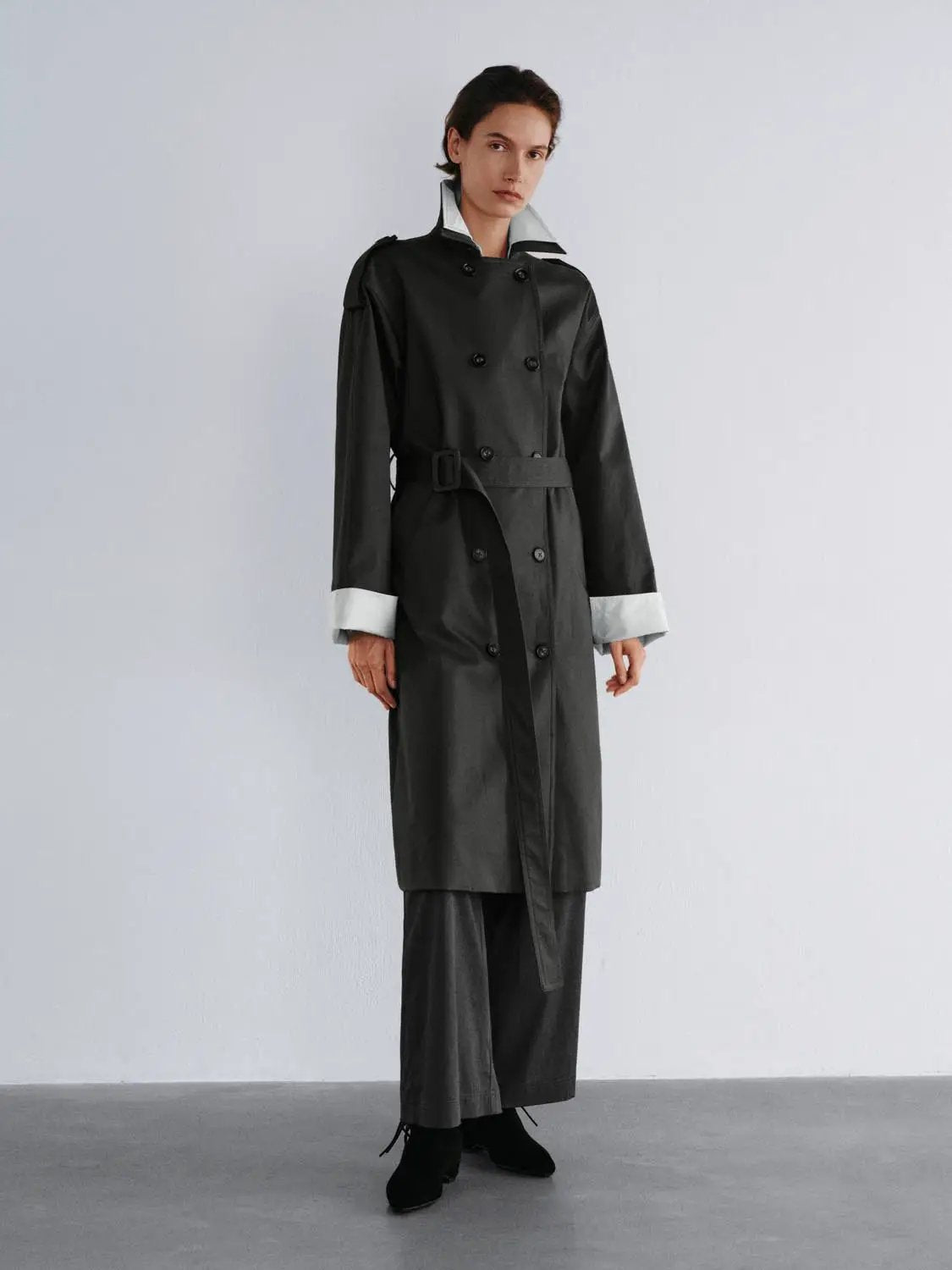 Double-Breasted Long Sleeve Belted Cotton Trench Coat