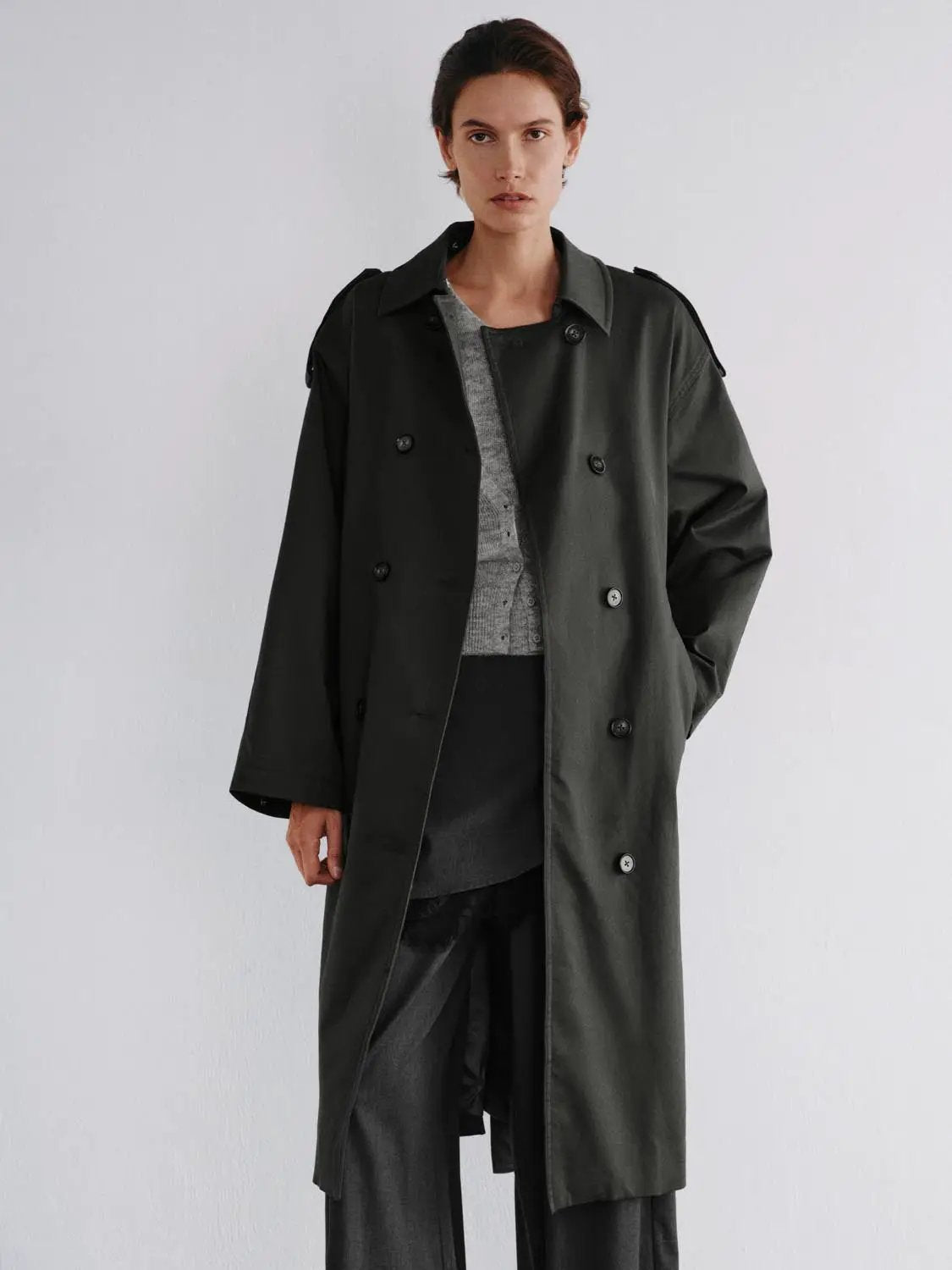 Double-Breasted Long Sleeve Belted Cotton Trench Coat