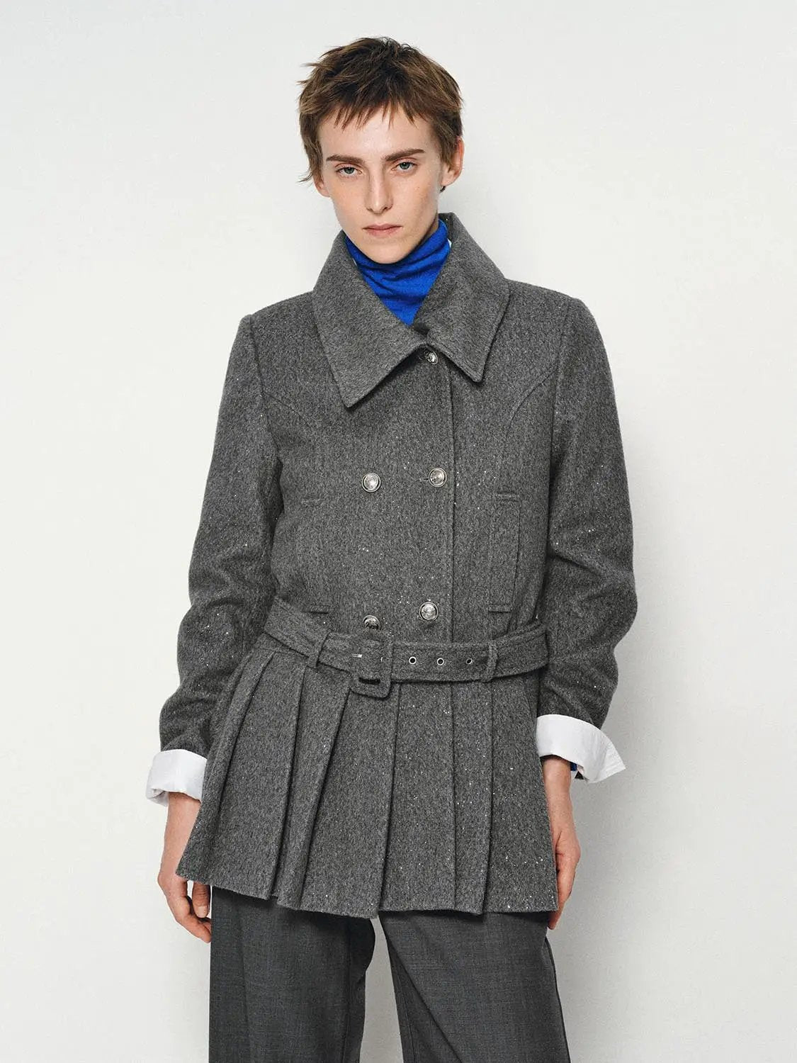Textured Double-breasted Pleated Belted Long Sleeve Jacket