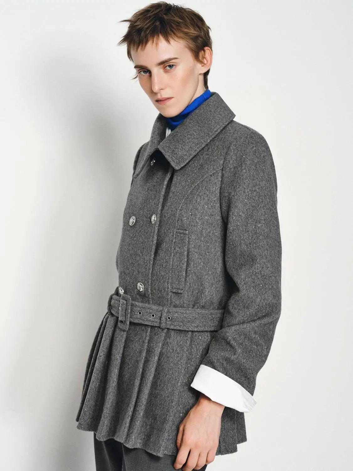 Textured Double-breasted Pleated Belted Long Sleeve Jacket