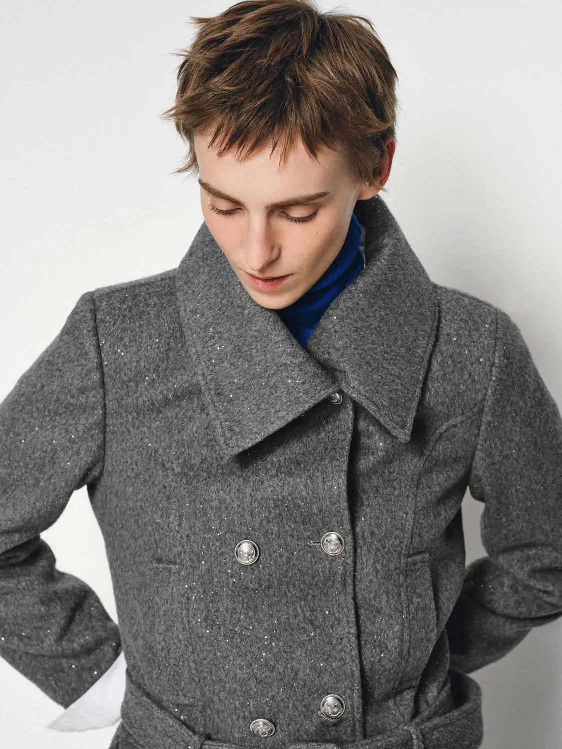 Textured Double-breasted Pleated Belted Long Sleeve Jacket