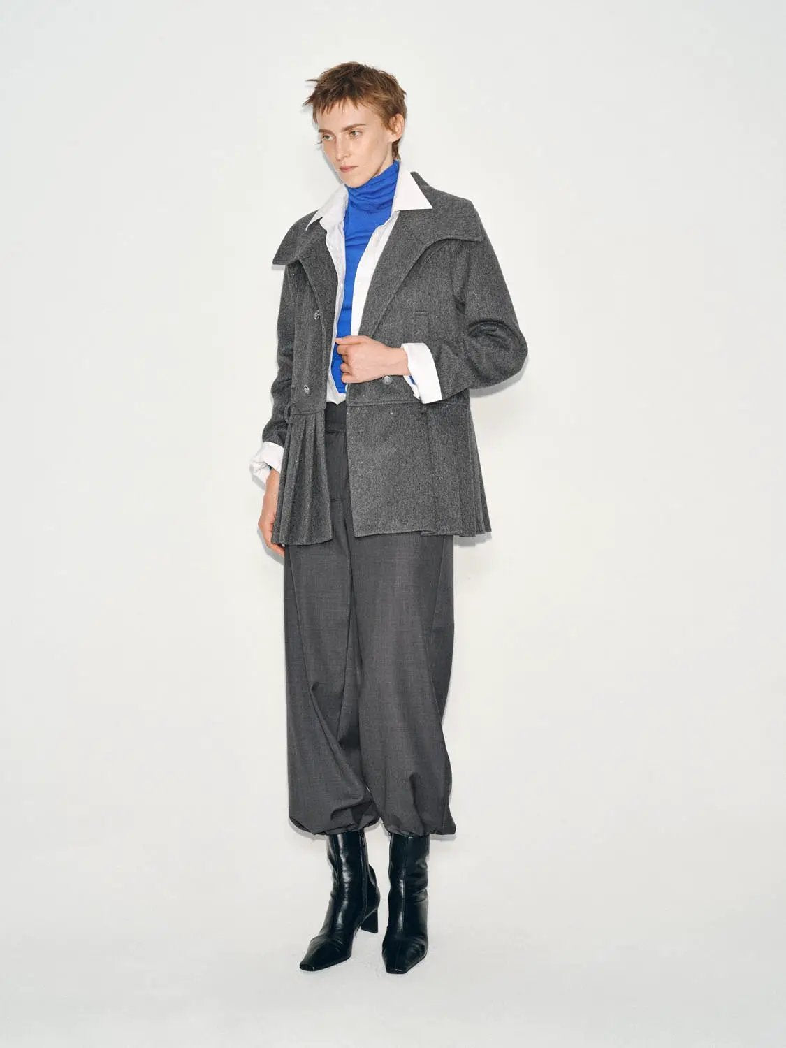 Textured Double-breasted Pleated Belted Long Sleeve Jacket