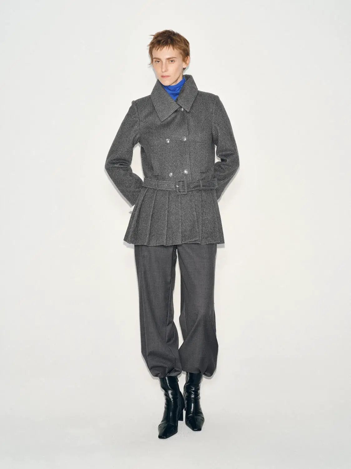 Textured Double-breasted Pleated Belted Long Sleeve Jacket