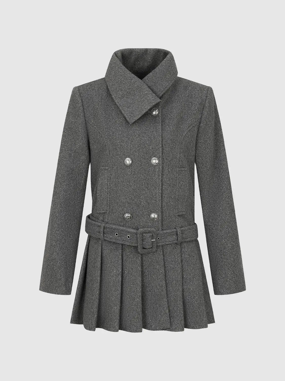Textured Double-breasted Pleated Belted Long Sleeve Jacket