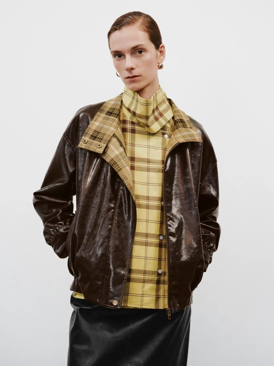Checked Lined Button Front Long Sleeve Stand Collar Jacket