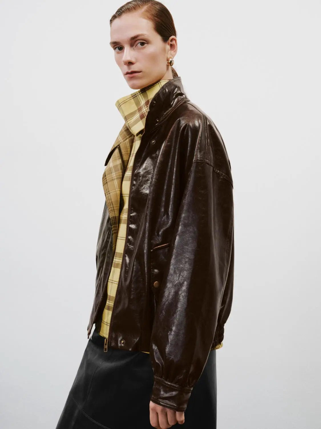 Checked Lined Button Front Long Sleeve Stand Collar Jacket