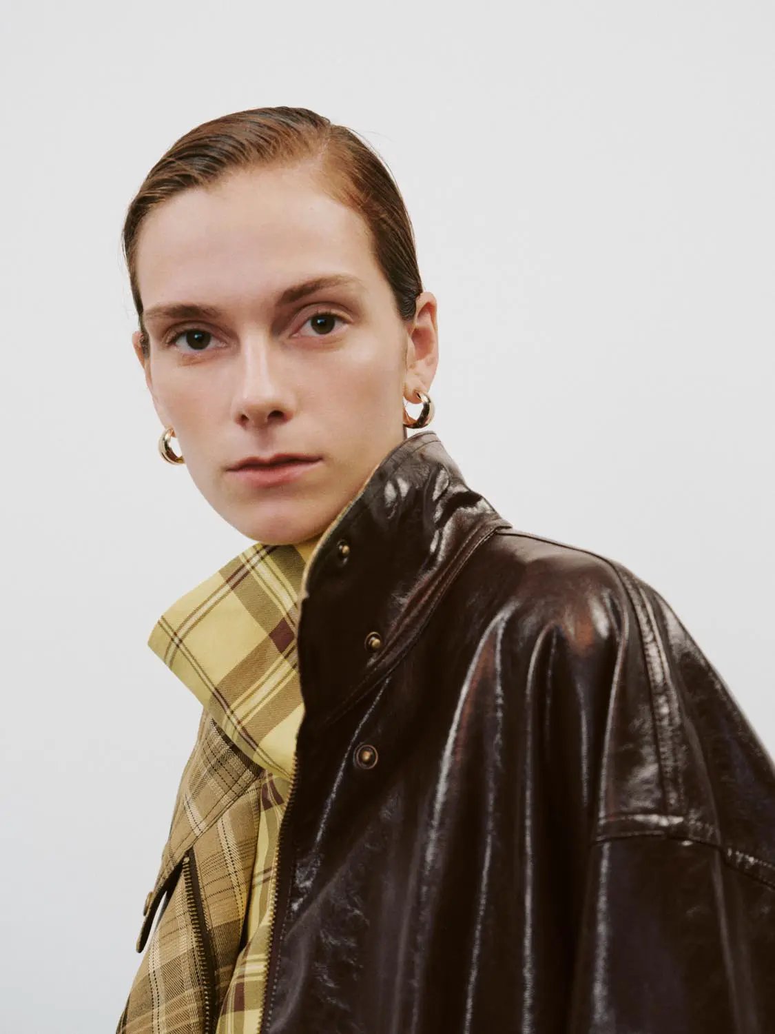 Checked Lined Button Front Long Sleeve Stand Collar Jacket