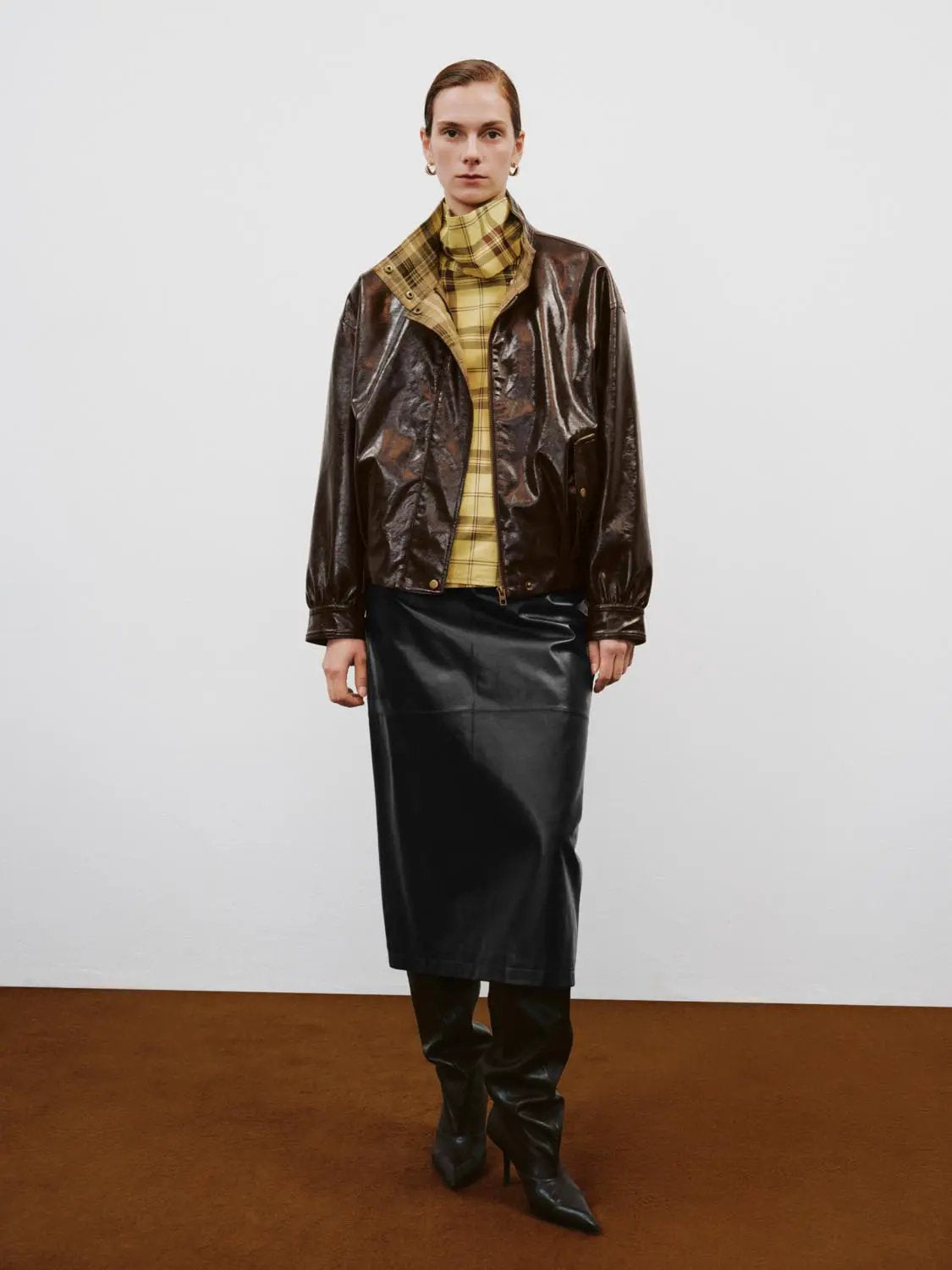 Checked Lined Button Front Long Sleeve Stand Collar Jacket