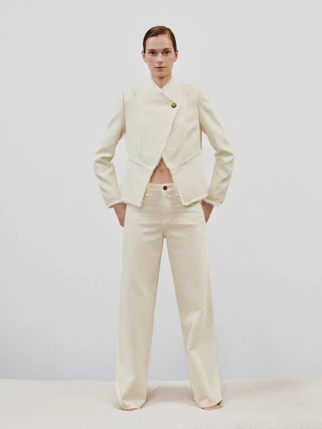 Textured Long Sleeve Fitted Asymmetric Raw Hem Jacket