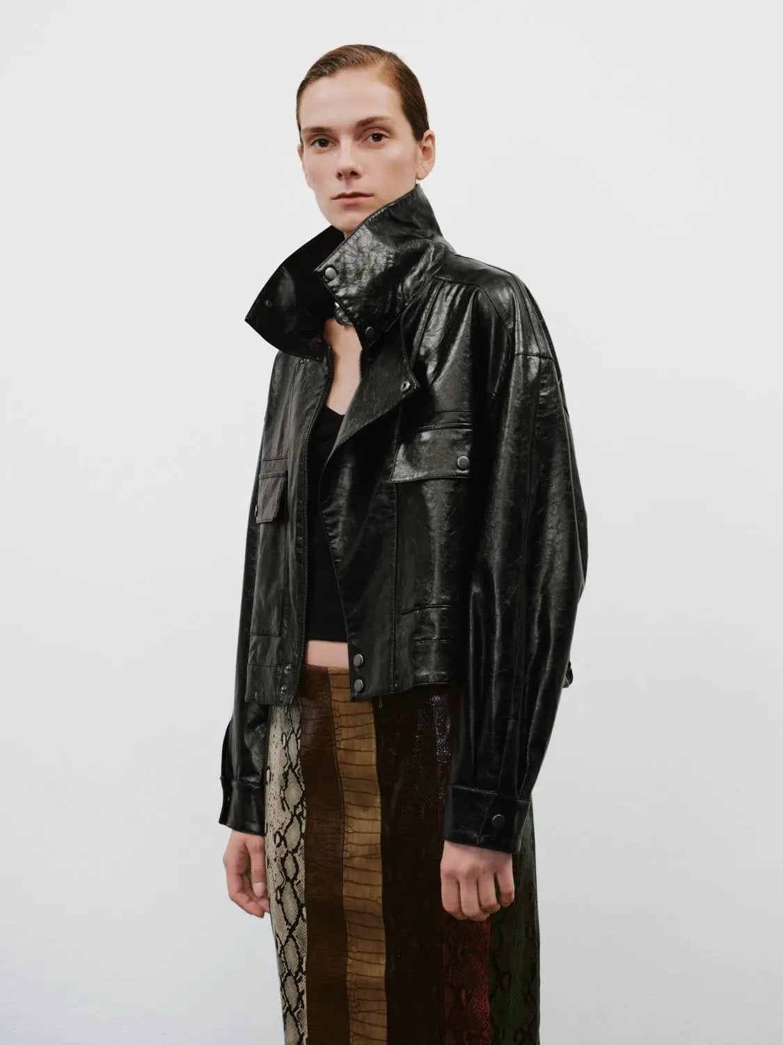 Textured High Neck Short Sleeve Patch Pocket Jacket