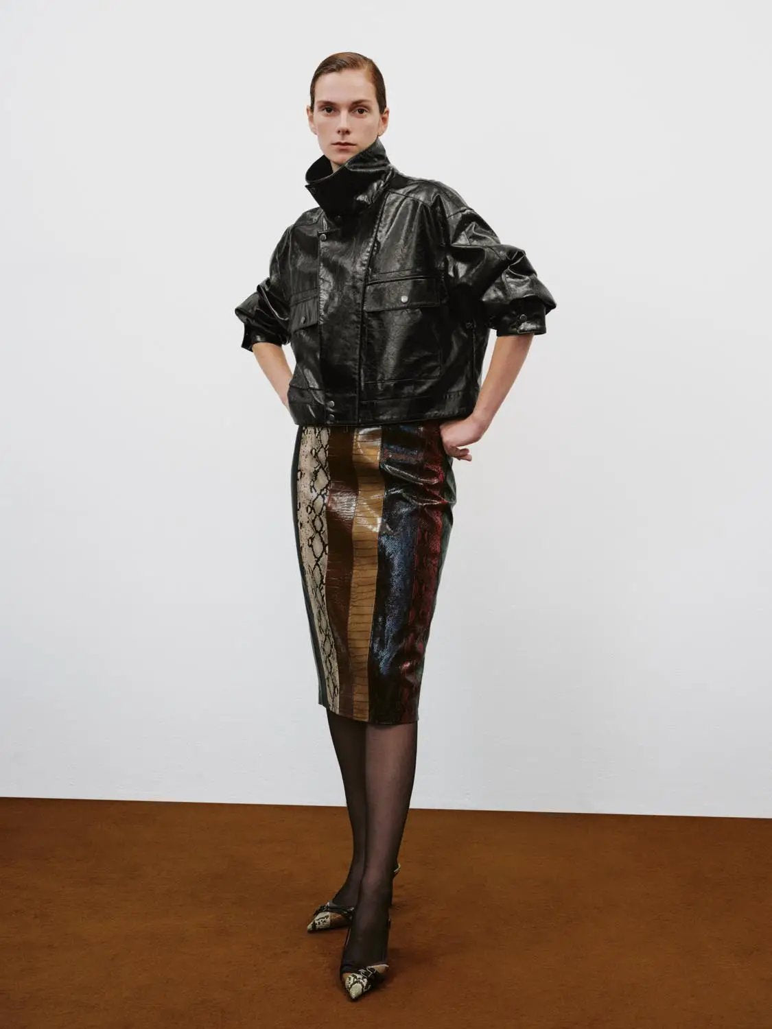 Textured High Neck Short Sleeve Patch Pocket Jacket