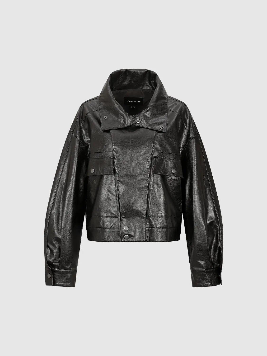 Textured High Neck Short Sleeve Patch Pocket Jacket