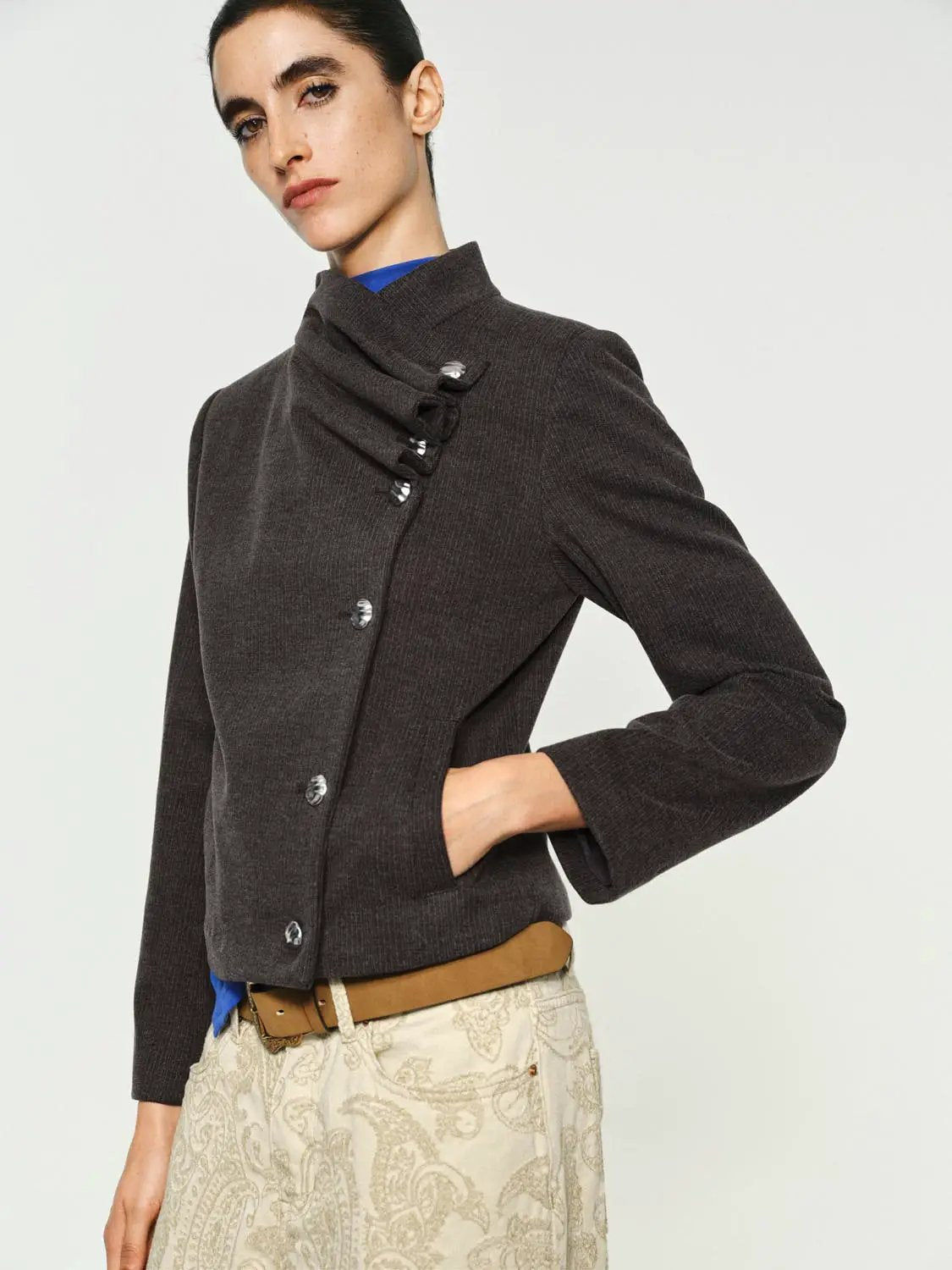 Textured Asymmetric Collar Long Sleeve Jacket