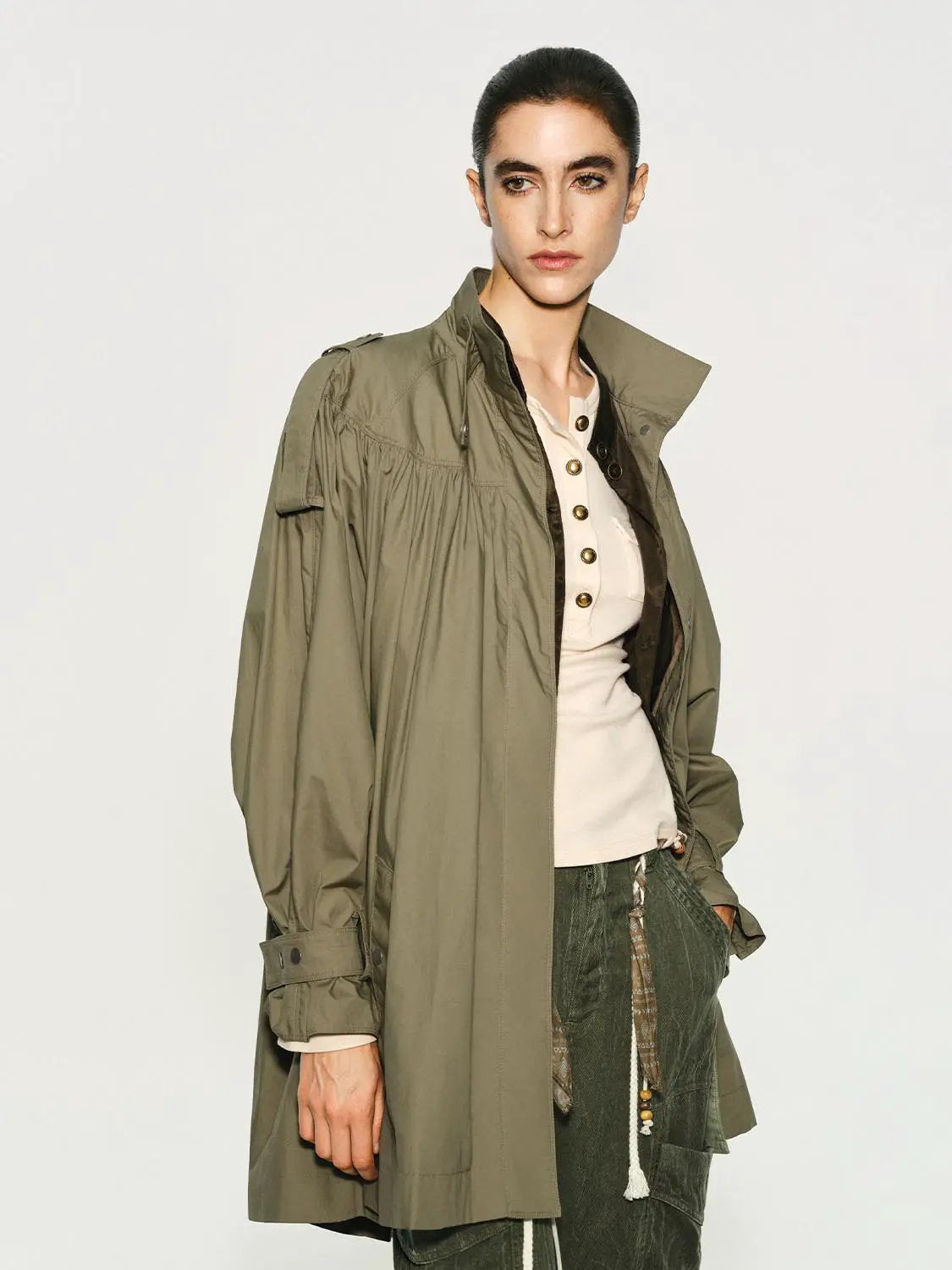 Gathered Panel Long Sleeve Belted Cotton Trench Coat