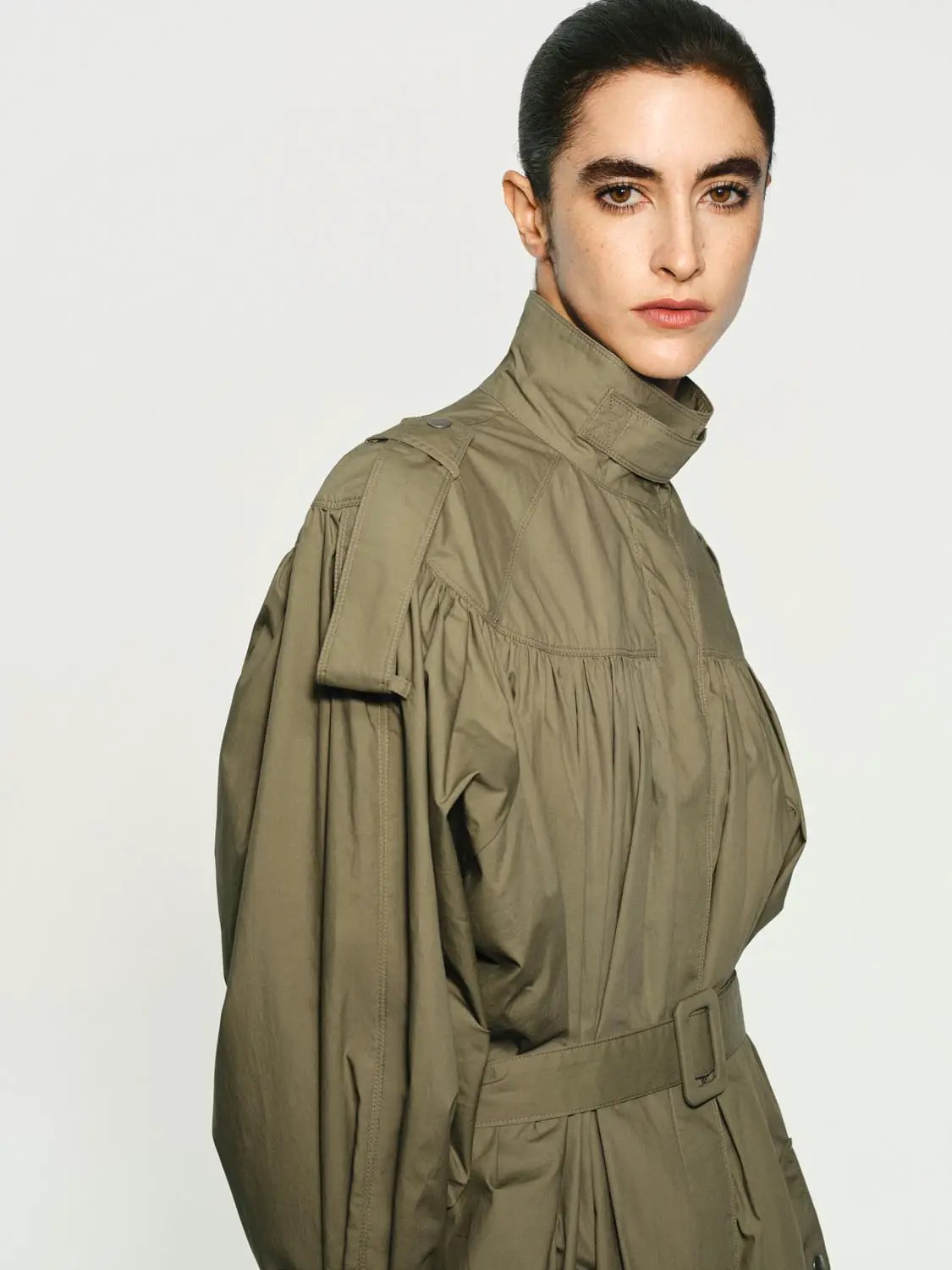 Gathered Panel Long Sleeve Belted Cotton Trench Coat