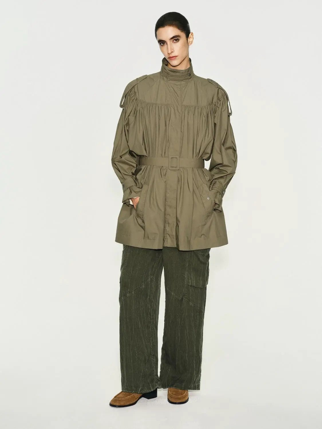 Gathered Panel Long Sleeve Belted Cotton Trench Coat