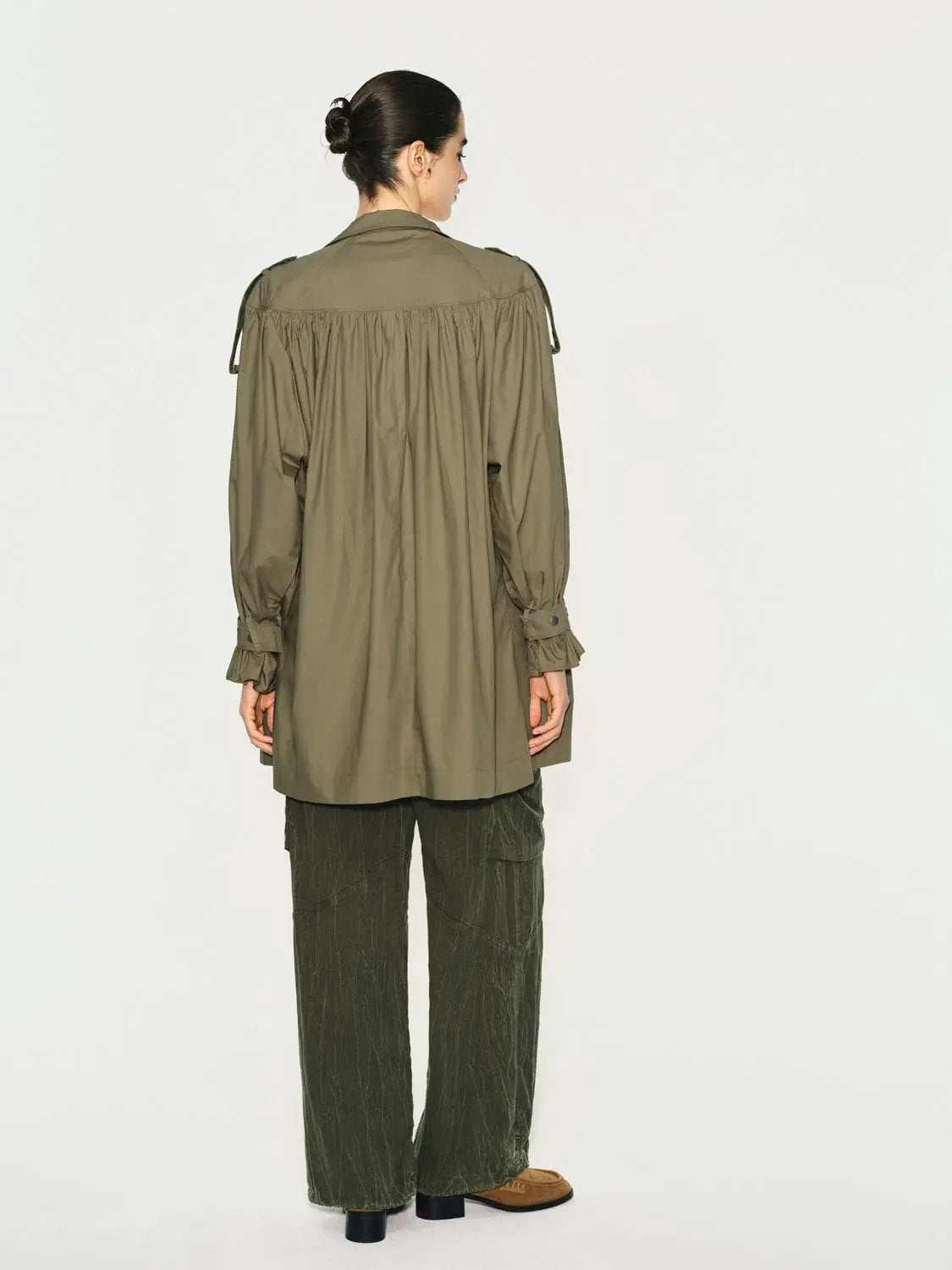 Gathered Panel Long Sleeve Belted Cotton Trench Coat