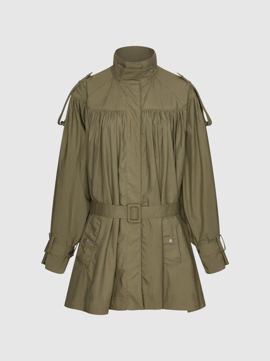 Gathered Panel Long Sleeve Belted Cotton Trench Coat