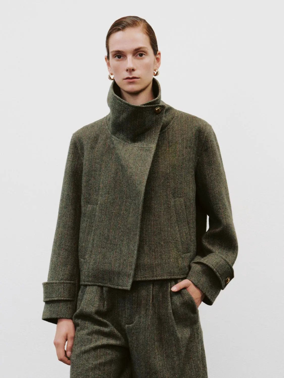 Asymmetric Herringbone Cuffed Long Sleeve Jacket