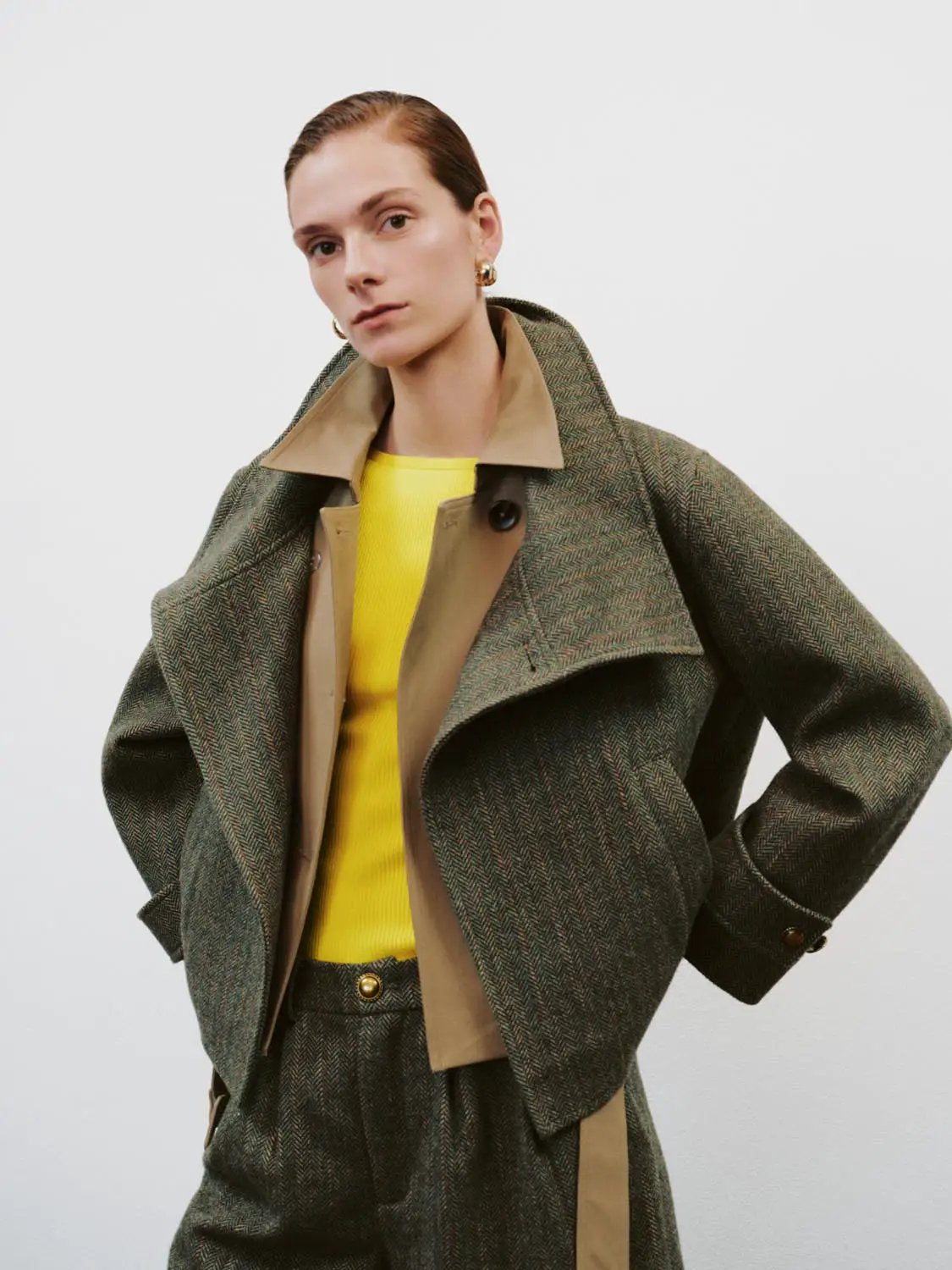 Asymmetric Herringbone Cuffed Long Sleeve Jacket