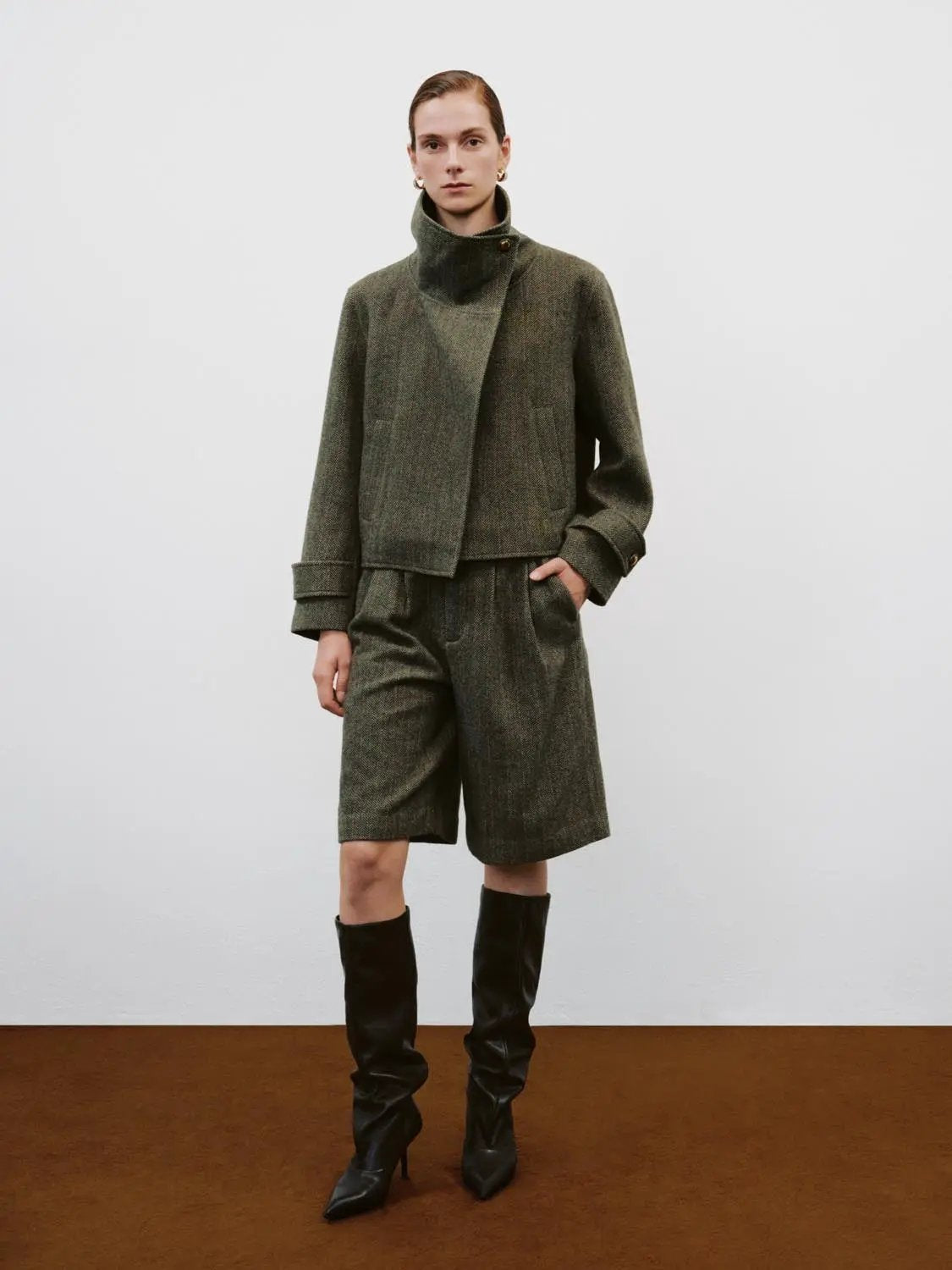 Asymmetric Herringbone Cuffed Long Sleeve Jacket