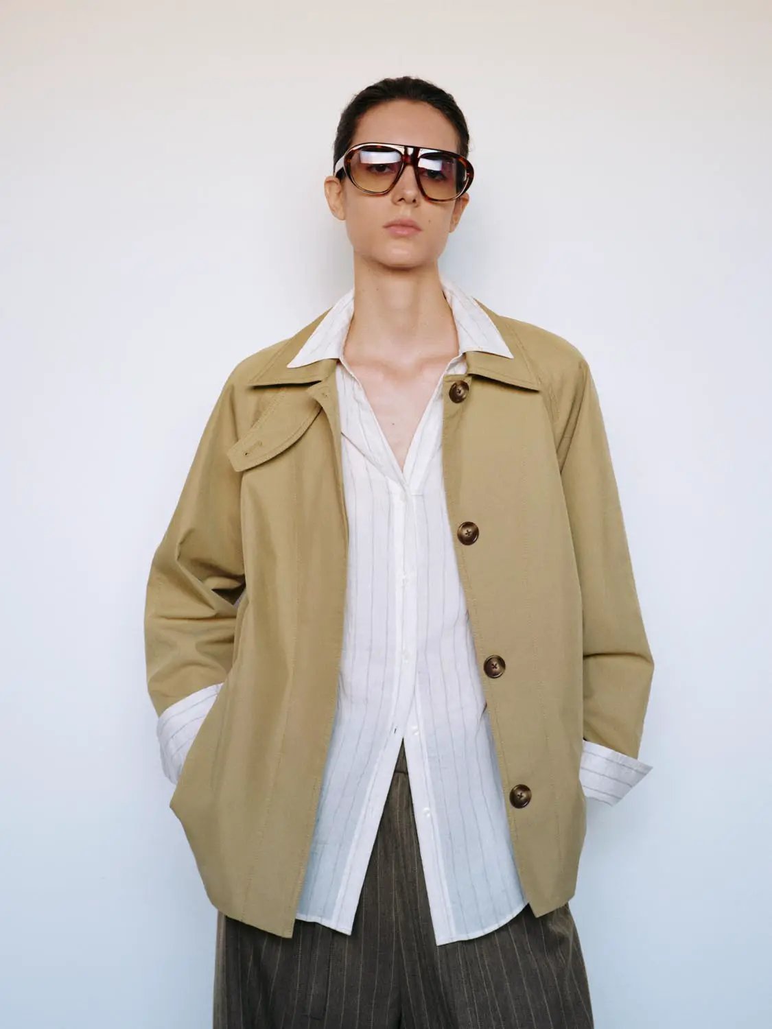 Classic Button Front Long Sleeve Cotton Blend Trench Coat