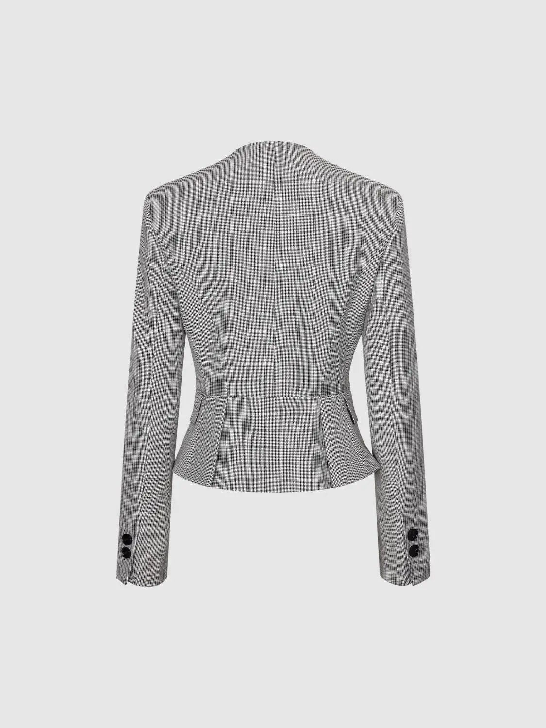 Button Checked Peplum Fitted Long Sleeve Jacket