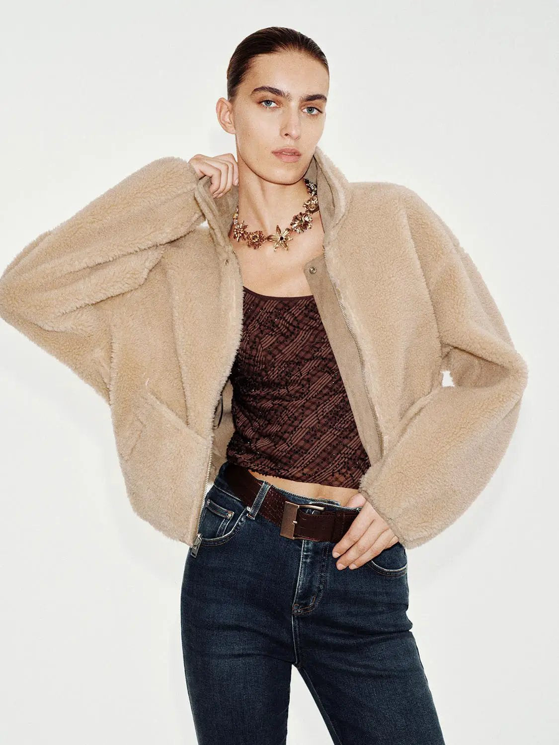 Oversized Collar Zip Front Long Sleeve Teddy Jacket